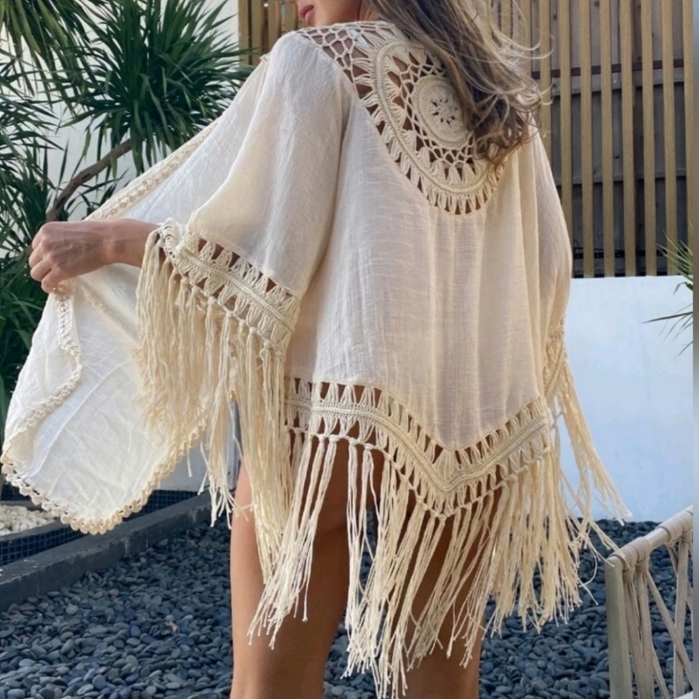 New Boho Chic Crochet Fringe Tassel Cover Up Kimono Cardigan Beige Tan - Picture 4 of 9